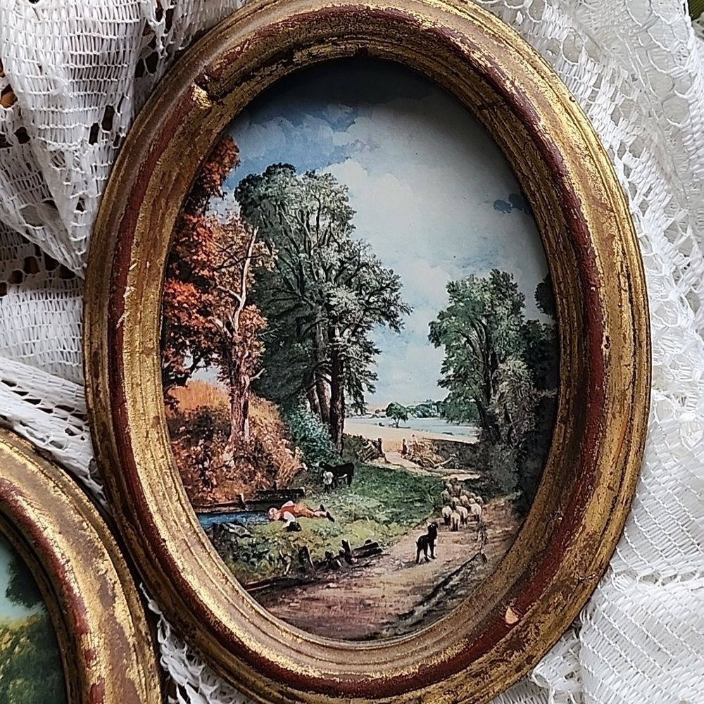 Gilded Italy Vintage Nashco Oval Wooden Framed Scenery Brushed Gold